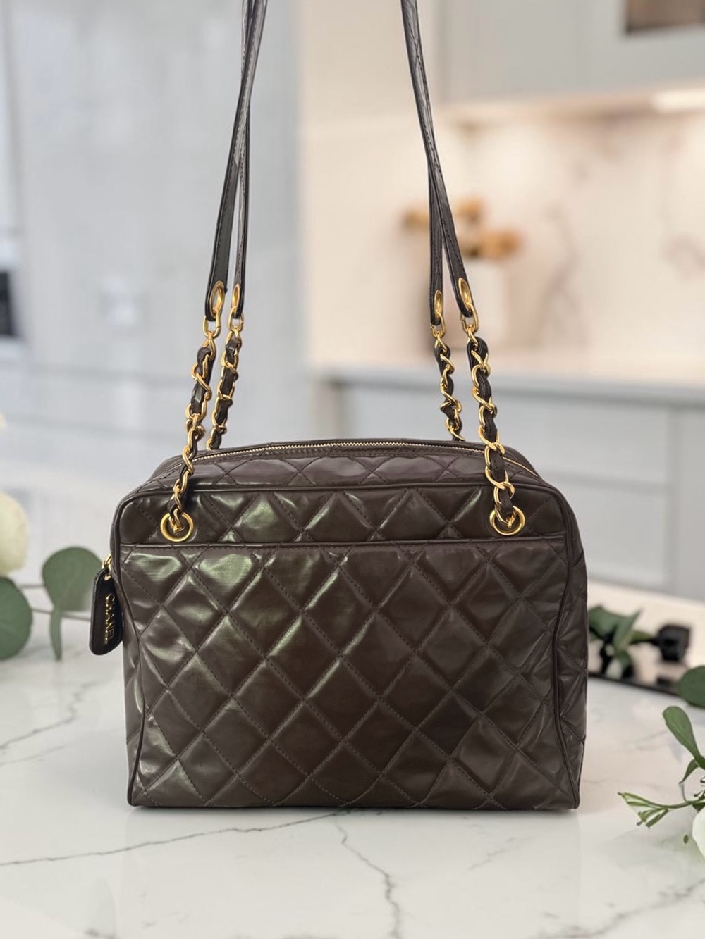 CHANEL Vintage Brown Quilted Lambskin Camera Bag GHW Series 4 1997